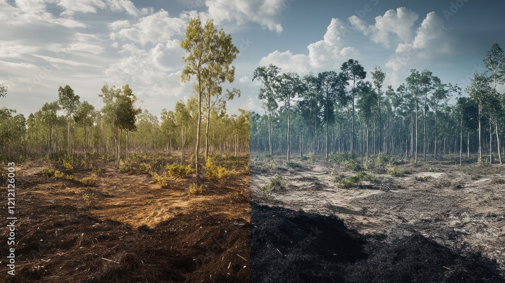 Poster comparative visuals showing carbon levels in deforested and reforested areas.