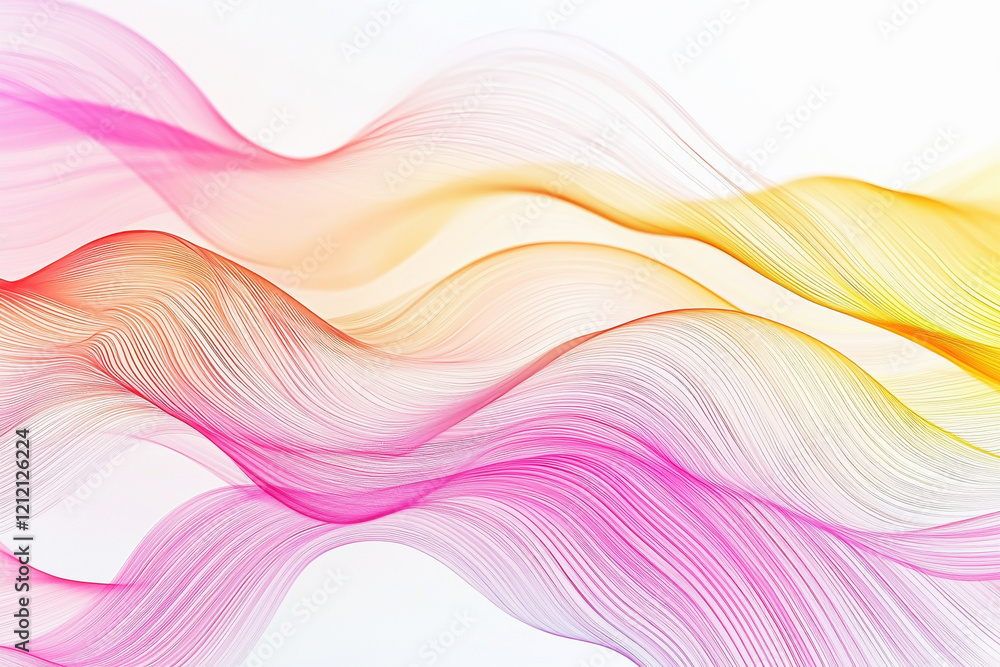 Poster flowing wave-like lines in vibrant gradient hues create an abstract artistic pattern on a soft white