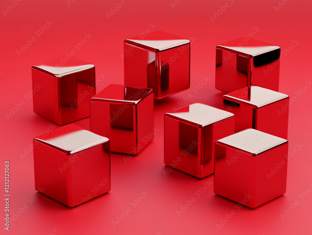 Poster Shiny Red Metallic Cubes Arranged on a Red Background