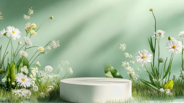 A modern podium set amidst a spring meadow with grass, quality