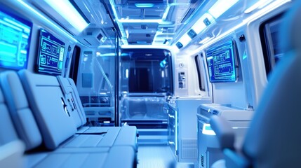 Obraz premium A futuristic interior with sleek seating and blue lighting, featuring digital screens and a high-tech atmosphere.