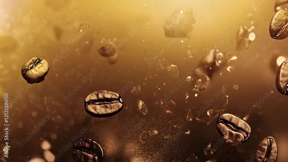 Poster coffee beans float in golden light, creating a rich and dynamic atmosphere, highlighting the beauty 