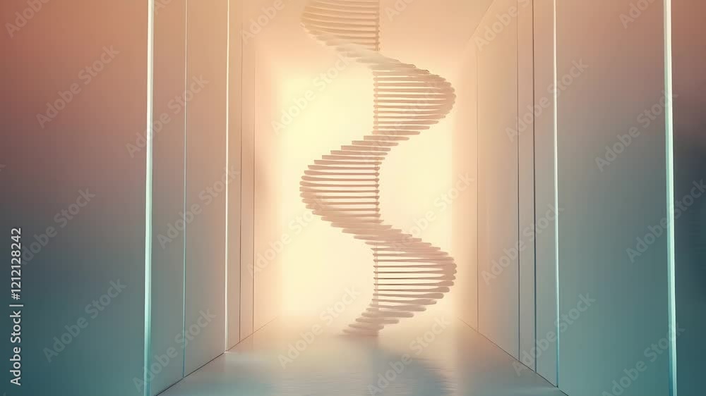 Poster a futuristic hallway features a striking, spiraling staircase illuminated by soft light, creating a 