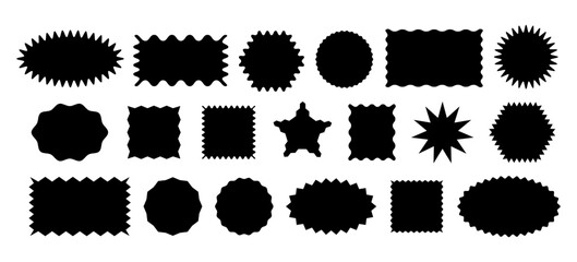 Different geometric shapes with zig zag wavy edge. Rectangle, Oval, Circle, Square. Vector set black elements for design frame, stamp, template and badges