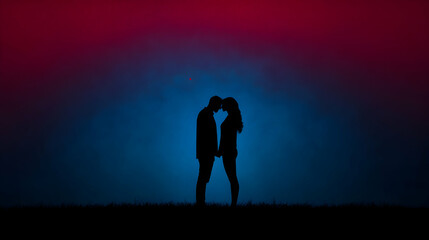 Fototapeta premium Minimal art, Silhouette of romantic couple holding hands and touching foreheads under colorful sunset sky, symbolizing love, unity and connection