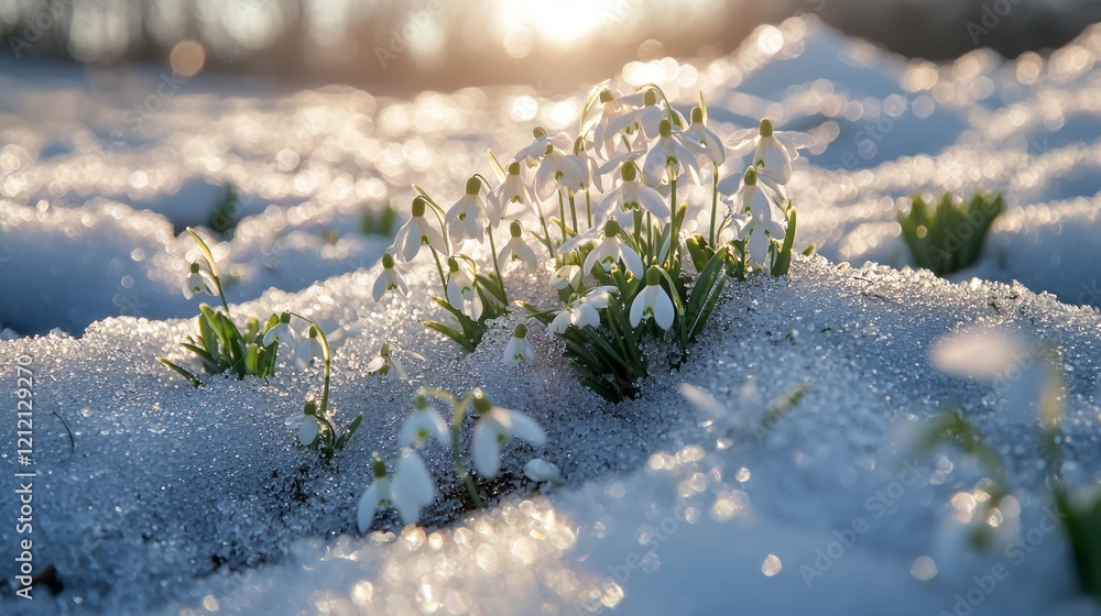 Poster sunlight filters gently through the snow, illuminating delicate snowdrops emerging bravely from the 