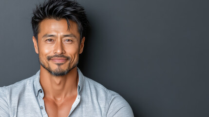 Obraz premium confident Asian man with serious expression against dark background