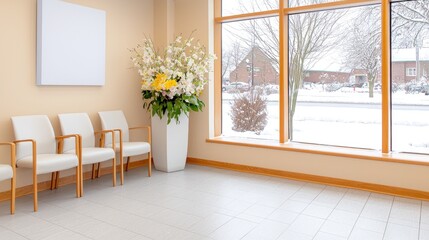 Winter waiting room with chairs, flowers, and snowy view