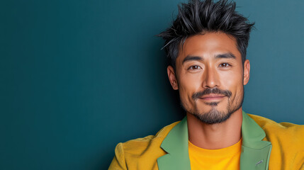 Obraz premium Trendy Asian man with cool demeanor and stylish outfit against green background