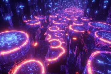 Glowing Circular Platforms In A Futuristic Digital Realm