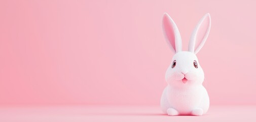Obraz premium 3D illustration of a playful bunny with large ears and an excited expression, floating against a pastel pink setting