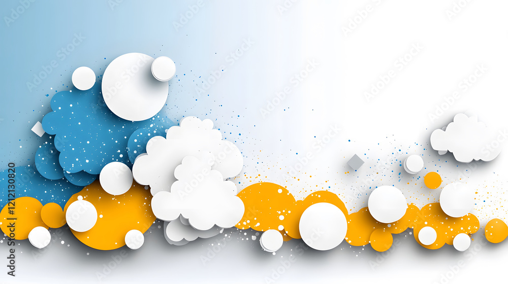 Poster a colorful abstract design featuring blue, white, and orange circles and clouds on a gradient backgr