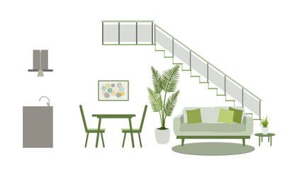 ソファーやダイニングテーブル、キッチンや階段のあるリビング内観イラスト　