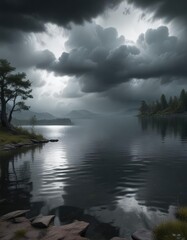 Dark gray clouds gathering over a serene lake, serene lake, calm water, overcast sky