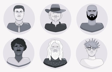 Vector icons of portraits of men in black and white