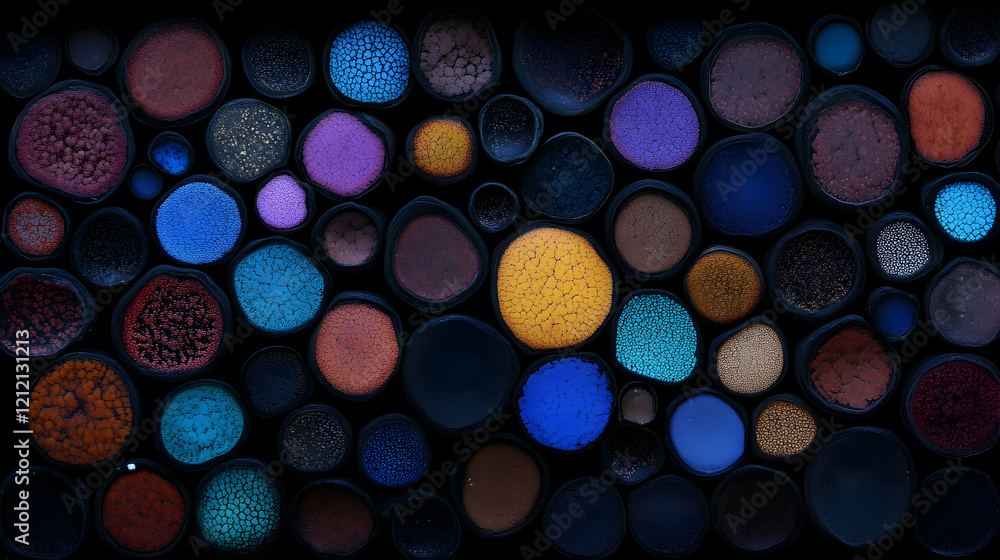 Poster minimal art, minimal art composition made of small colorful pigments filling black containers, creat