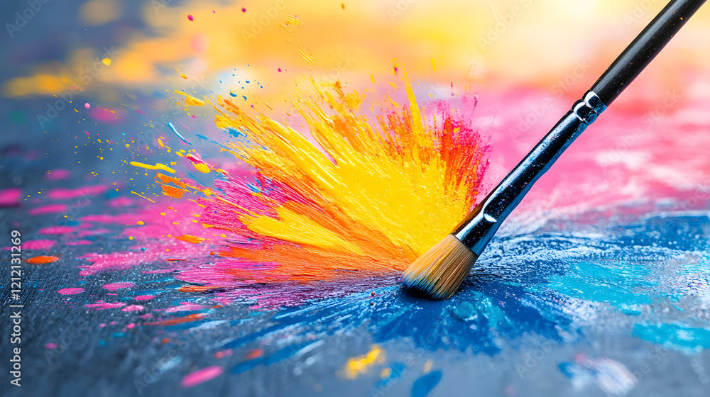 Poster a vibrant splash of colors emanates from a brush on a canvas, showcasing a dynamic expression of cre
