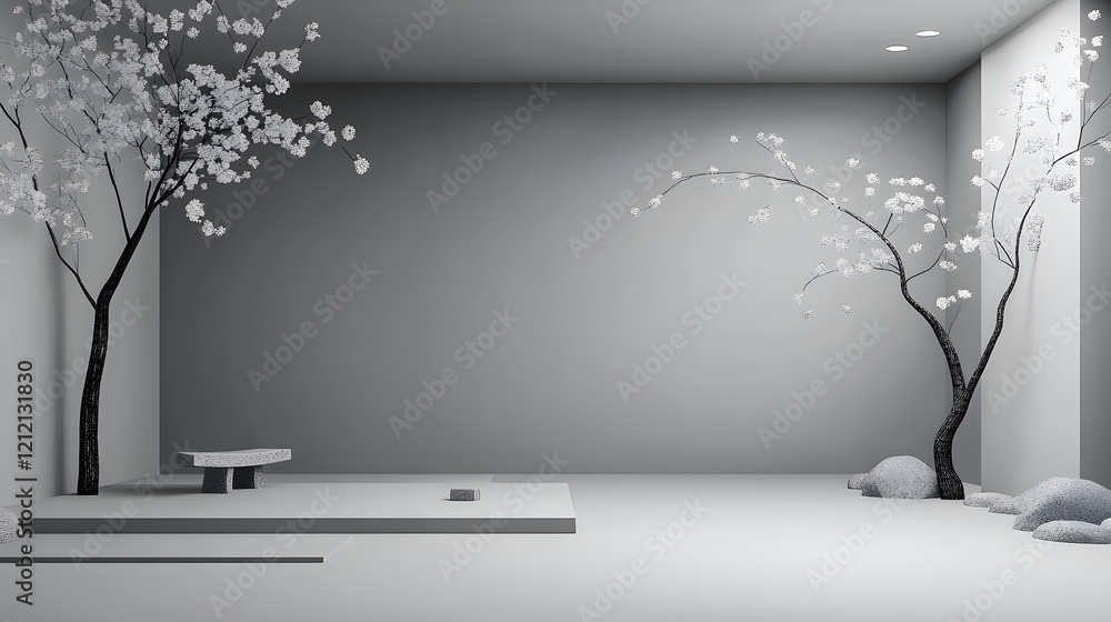 Poster a serene, minimalist interior featuring two stylized trees and a simple bench, creating a tranquil a