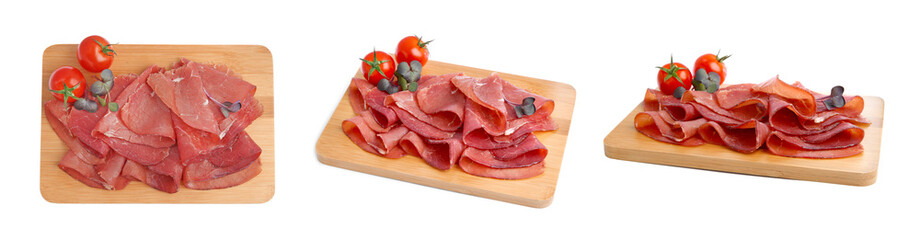 Tasty fresh bresaola isolated on white, top and side views