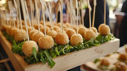 Golden appetizer balls on skewers at a party