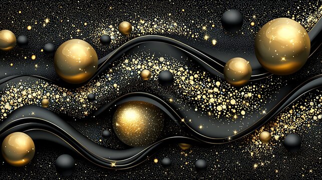 Fototapeta Golden and black spheres on flowing fabric   sparkly background  elegant design  wallpaper