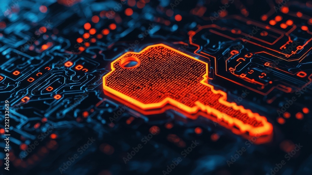 Poster key symbol on circuit board background with glow effect