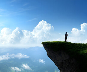 Obraz premium A figure standing at the edge of a cliff, looking out over a vast landscape of peaceful skies and bright horizons, symbolizing hope.