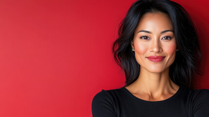 Fototapeta premium Confident Asian woman smiling against red background, showcasing beauty