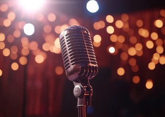 Vintage microphone on stage with bokeh lights. (1)