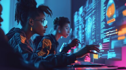 Female developer, woman collaborating in a team on futuristic technology projects, digital screens displaying holograms and coding. The innovation, technological advancements, tech business