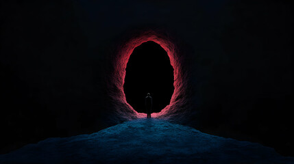 Minimal art, Minimalist image of a businessman looking at a mysterious glowing oval entrance in a dark cave symbolizing mystery and unknown