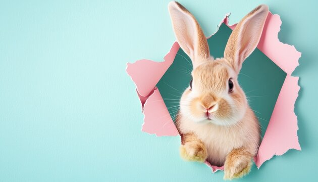 Charming bunny popping through a ripped blue backdrop with pink torn edges, creating a lighthearted and cheerful visual