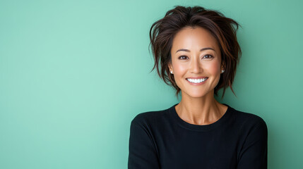 Fototapeta premium cheerful Asian woman with playful expression against mint green background