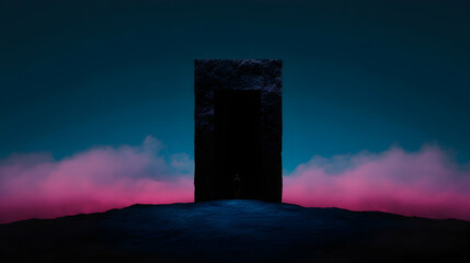 Minimal art, Minimal representation of a lonely man standing in front of a mysterious dark portal during night, with pink clouds and blue ground