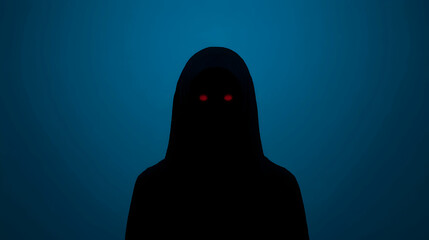 Minimal art, Hooded silhouette with glowing crimson eyes emerging from deep blue darkness, radiating menacing mysteriousness