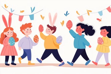 Fototapeta premium Easter parade featuring children in bunny costumes, holding eggs and decorations, flat design illustration