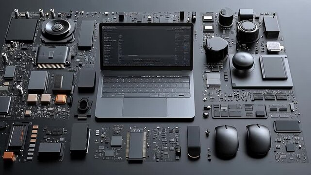 Laptop and Components: A sleek, modern laptop rests amidst an array of computer components, creating a visually striking image that evokes innovation and technology.
