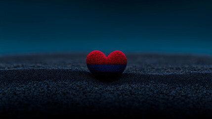 Minimal art, Fluffy heart with Artsakh flag colors standing on dark sand with blue gradient background representing love for Artsakh