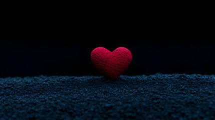 Fototapeta premium Minimal art, Minimalist red heart resting on dark blue sand, symbolizing deep emotional connection against stark black backdrop