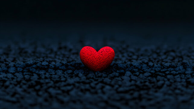 Naklejki Minimal art, Red heart standing out from the dark gravel ground, symbolizing hope and love in difficult times, minimal art concept