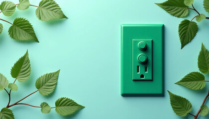 A green electrical socket with a circular switch, surrounded by fresh green leaves and vines on a soft blue background. The composition is harmonious, blending nature with a modern electric design.