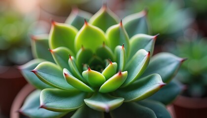 Fototapeta premium Close-up of Green Succulent with Red Tips in Soft Light, Ideal for Botanical Illustrations