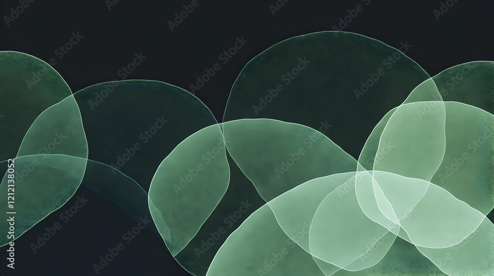 Poster minimal art, green translucent shapes overlapping on a dark background, creating a minimalist and ab