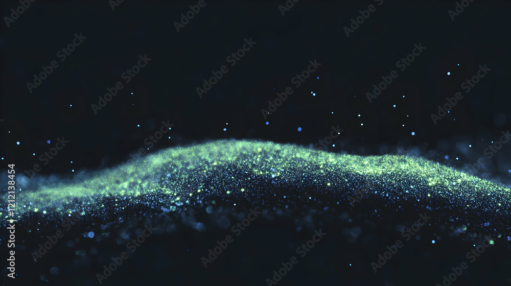 Poster minimal art, luminous digital wave pattern emerging from glittering particles, representing technolo