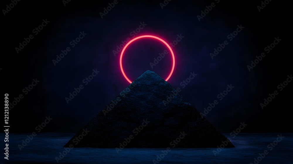 Poster minimal art, glowing red neon circle hovering above dark geometric pyramid, generating enigmatic vis