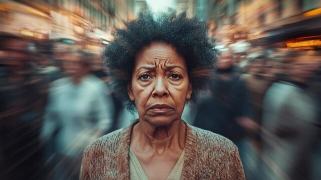 Portrait of lonely and depressed woman standing in the crowd. Mental health awareness. Match-cut stop-motion timelapse. Generative AI.