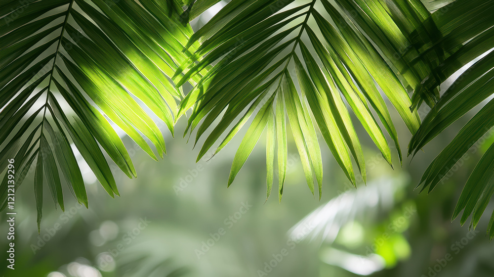 Poster lush green palm leaves creating intricate patterns in soft sunlight