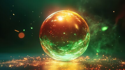Fototapeta premium Glowing Orb Resting on Sparkly Surface Amidst Green and Orange Lights