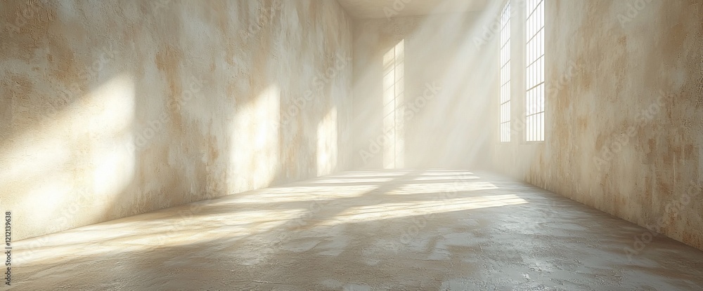 Poster Sunlit empty room with textured walls and floor.