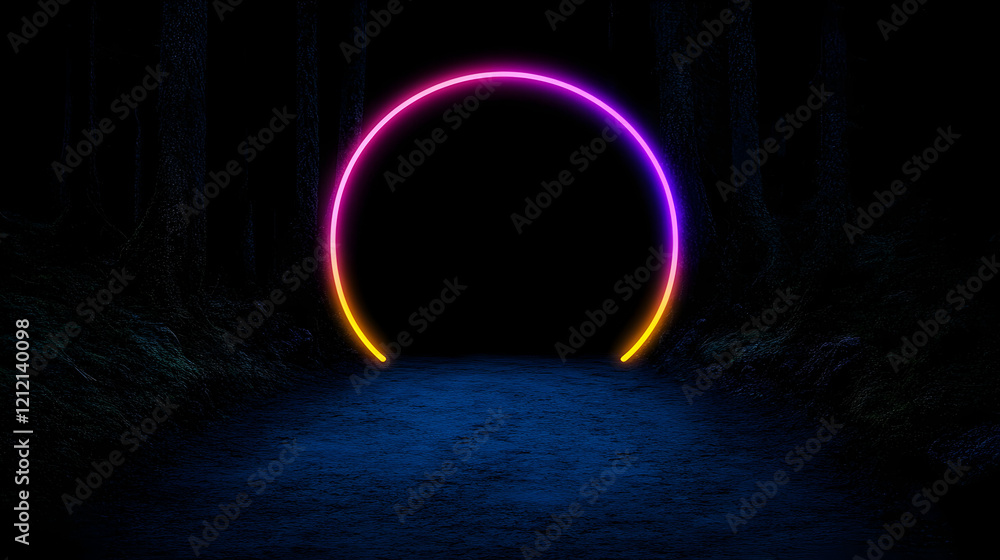 Poster minimal art, minimalist image of a glowing neon circle at the end of a dark forest path, creating a 